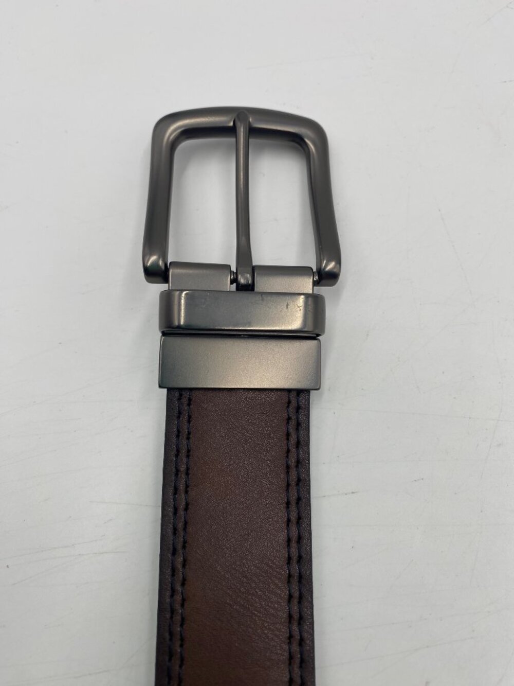 Bonded Leather Reversible Belt Size 36 Rotated Silver Buckle Brown Black 1 3/8"W